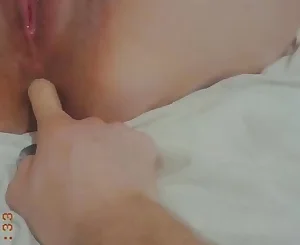 Finger-tickling her taut butt-hole